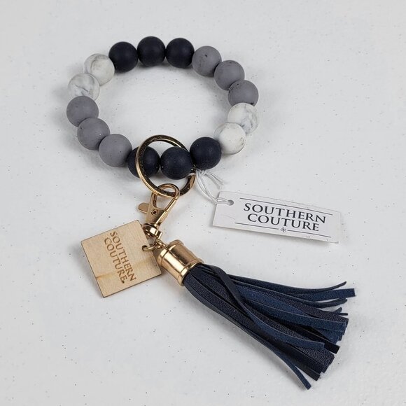 Southern Couture Silicone Beaded Bracelet Keychain Tassel Gray One Size Stretch - Picture 1 of 8